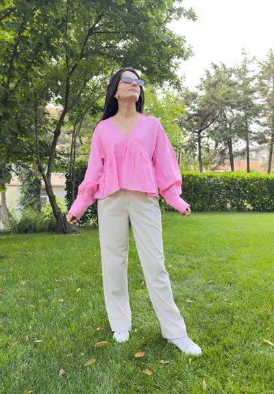 Hinata V Yaka Müslin Bluz Pembe