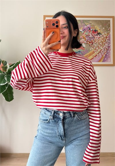 İnce Çizgili Bisiklet Yaka Oversize Sweatshirt Kırmızı