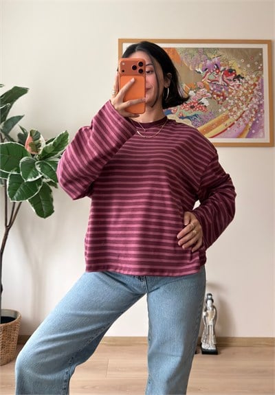 İnce Çizgili Bisiklet Yaka Oversize Sweatshirt Pembe
