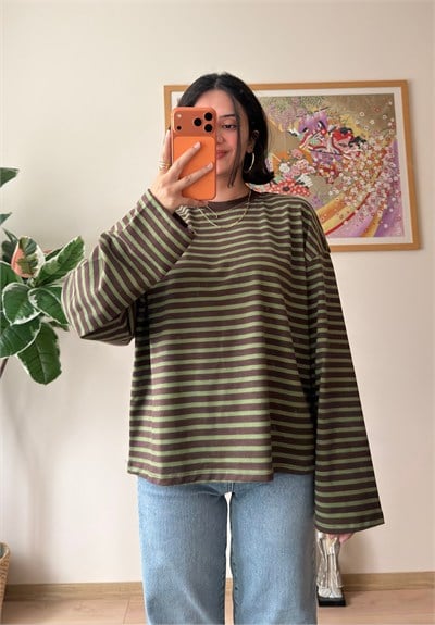 İnce Çizgili Bisiklet Yaka Oversize Sweatshirt Yeşil