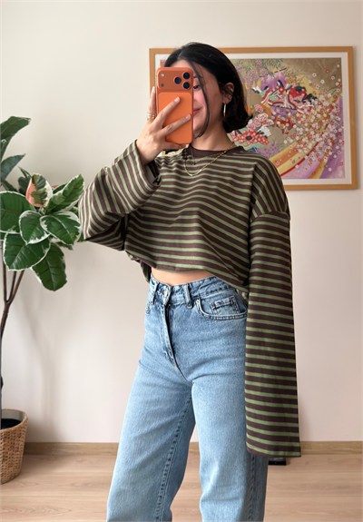 İnce Çizgili Bisiklet Yaka Oversize Sweatshirt Yeşil