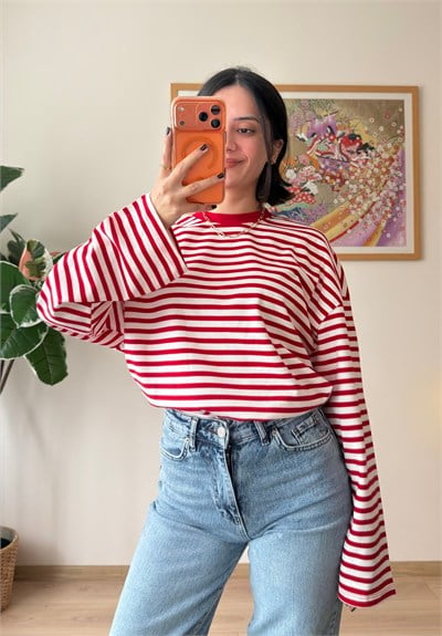 İnce Çizgili Bisiklet Yaka Oversize Sweatshirt Kırmızı