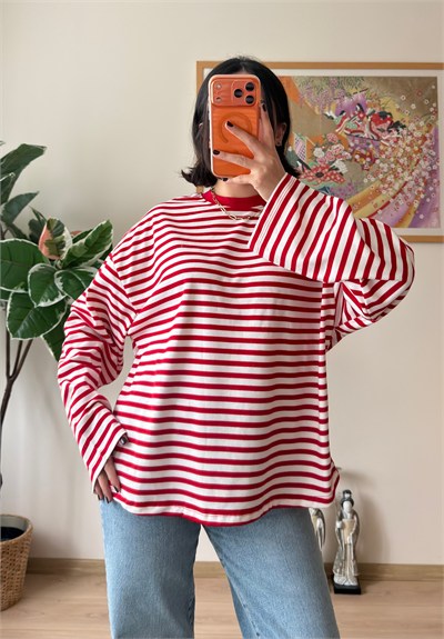 İnce Çizgili Bisiklet Yaka Oversize Sweatshirt Kırmızı