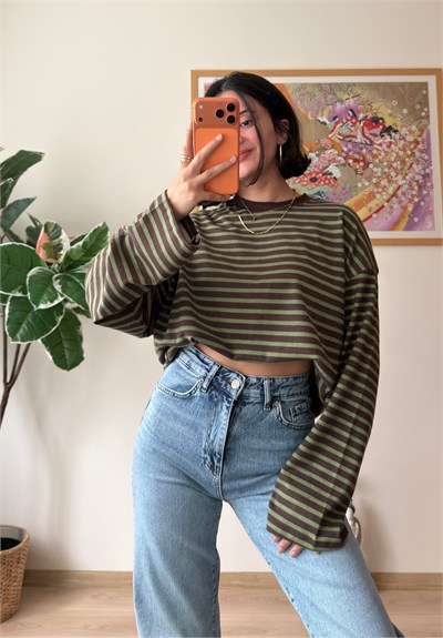 İnce Çizgili Bisiklet Yaka Oversize Sweatshirt Yeşil