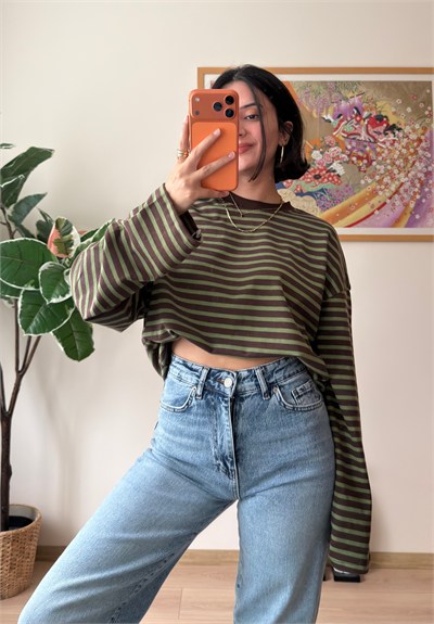 İnce Çizgili Bisiklet Yaka Oversize Sweatshirt Yeşil