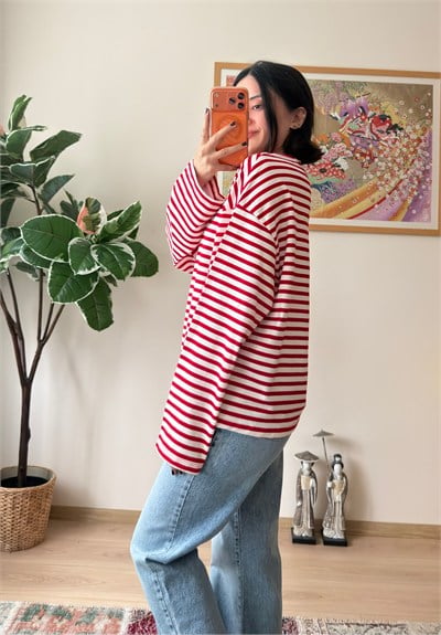İnce Çizgili Bisiklet Yaka Oversize Sweatshirt Kırmızı