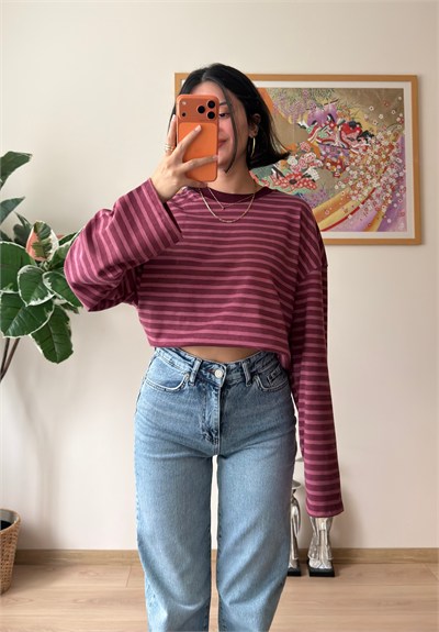 İnce Çizgili Bisiklet Yaka Oversize Sweatshirt Pembe