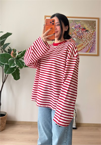 İnce Çizgili Bisiklet Yaka Oversize Sweatshirt Kırmızı