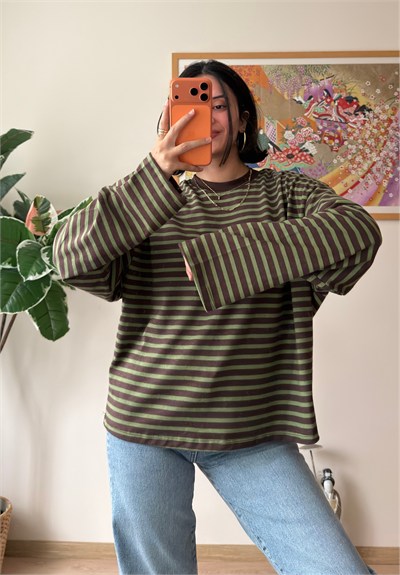 İnce Çizgili Bisiklet Yaka Oversize Sweatshirt Yeşil
