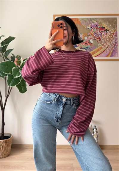 İnce Çizgili Bisiklet Yaka Oversize Sweatshirt Pembe