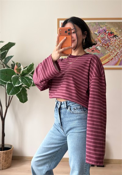 İnce Çizgili Bisiklet Yaka Oversize Sweatshirt Pembe