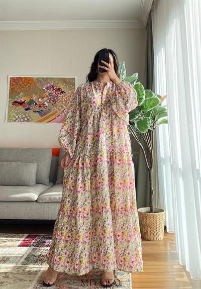 İshi Desenli V yaka Elbise Pembe Çiçek