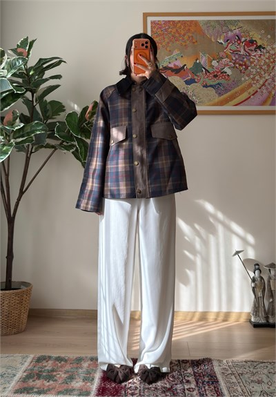 Kadife Yaka Oversize Ekose Ceket