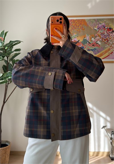 Kadife Yaka Oversize Ekose Ceket