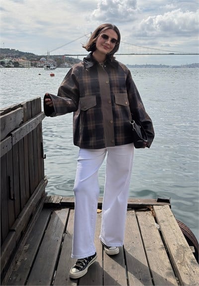 Kadife Yaka Oversize Ekose Ceket