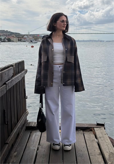 Kadife Yaka Oversize Ekose Ceket