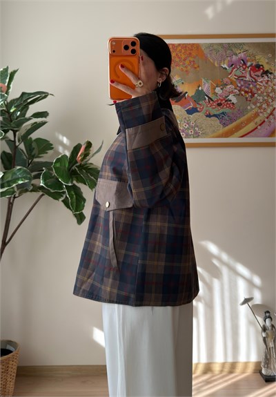 Kadife Yaka Oversize Ekose Ceket