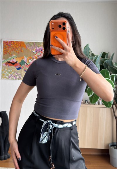 Kaiya Crop Basic T-Shirt Füme