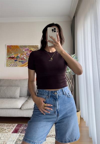 Kaiya Crop Basic T-Shirt Kahve