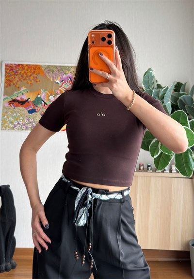 Kaiya Crop Basic T-Shirt Kahve