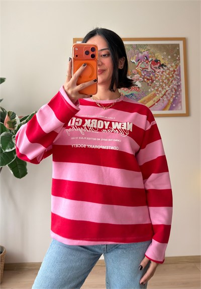 Kalın Çizgili New York Baskılı Oversize Sweatshirt Pembe