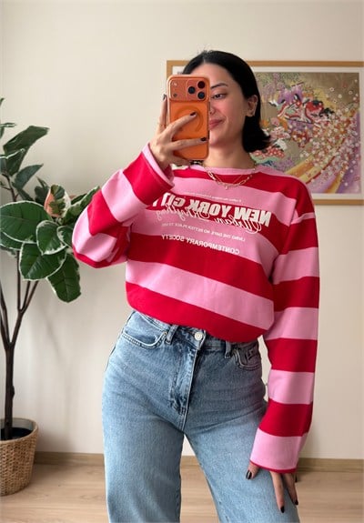 Kalın Çizgili New York Baskılı Oversize Sweatshirt Pembe