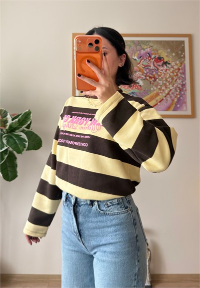 Kalın Çizgili New York Baskılı Oversize Sweatshirt Kahve