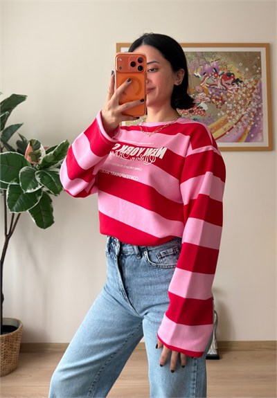 Kalın Çizgili New York Baskılı Oversize Sweatshirt Pembe