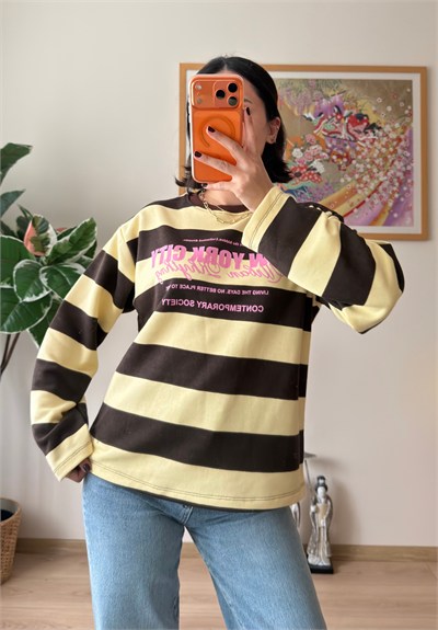 Kalın Çizgili New York Baskılı Oversize Sweatshirt Kahve