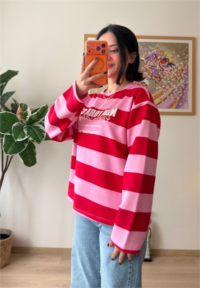 Kalın Çizgili New York Baskılı Oversize Sweatshirt Pembe
