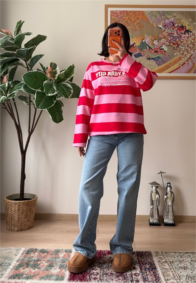 Kalın Çizgili New York Baskılı Oversize Sweatshirt Pembe