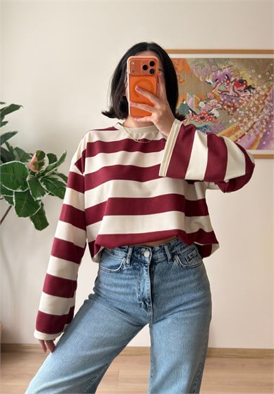 Kalın Çizgili Oversize Sweatshirt Bordo