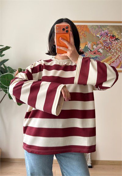 Kalın Çizgili Oversize Sweatshirt Bordo