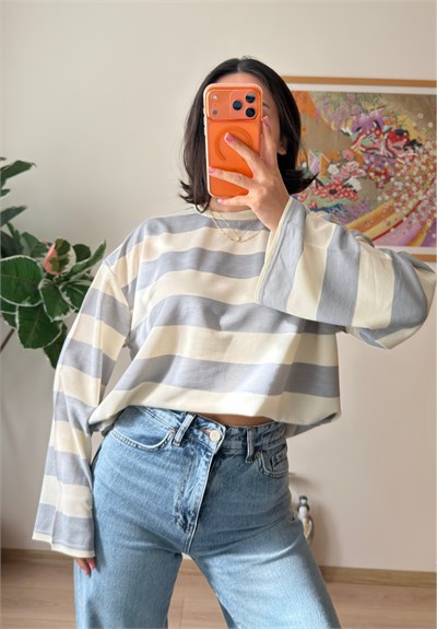 Kalın Çizgili Oversize Sweatshirt Gri