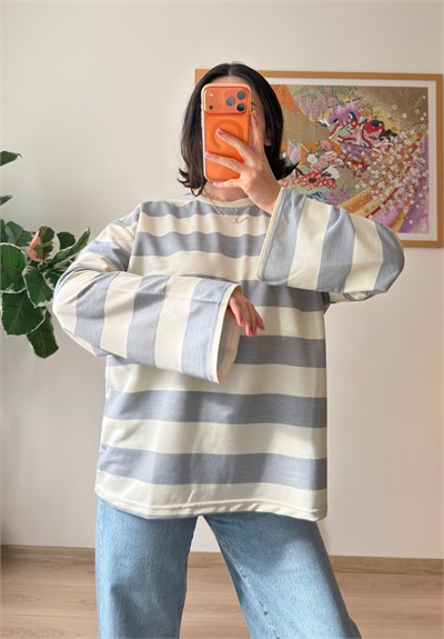 Kalın Çizgili Oversize Sweatshirt Gri