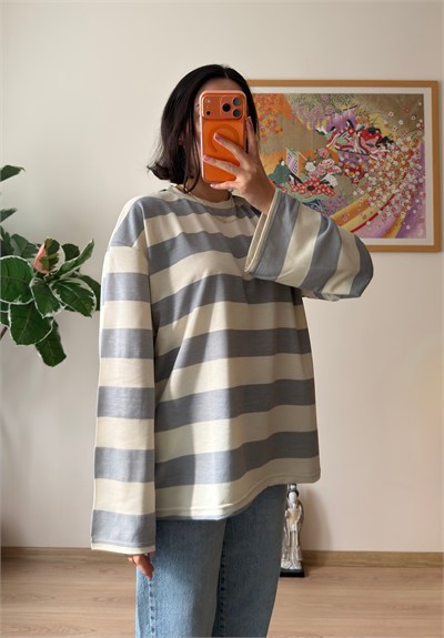 Kalın Çizgili Oversize Sweatshirt Gri