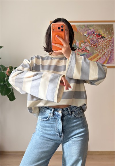 Kalın Çizgili Oversize Sweatshirt Gri