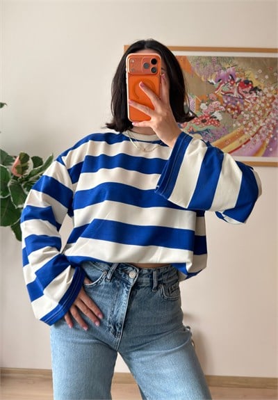 Kalın Çizgili Oversize Sweatshirt Saks Mavisi