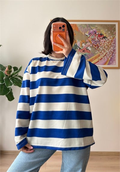 Kalın Çizgili Oversize Sweatshirt Saks Mavisi