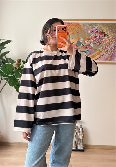 Kalın Çizgili Oversize Sweatshirt Siyah