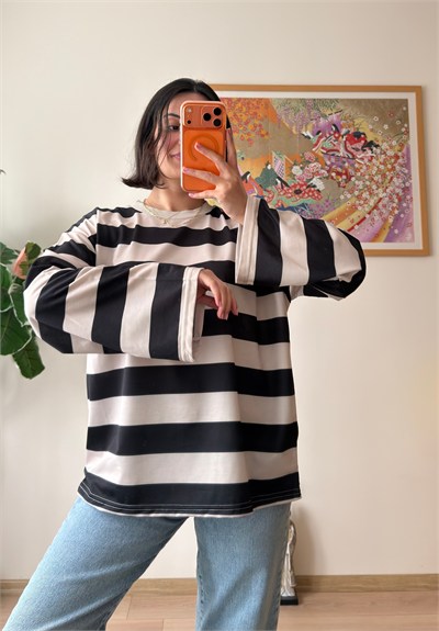 Kalın Çizgili Oversize Sweatshirt Siyah