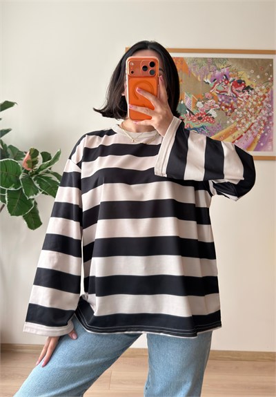 Kalın Çizgili Oversize Sweatshirt Siyah