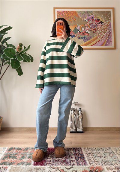 Kalın Çizgili Oversize Sweatshirt Yeşil