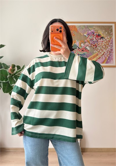 Kalın Çizgili Oversize Sweatshirt Yeşil