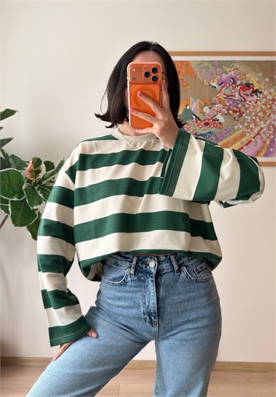 Kalın Çizgili Oversize Sweatshirt Yeşil