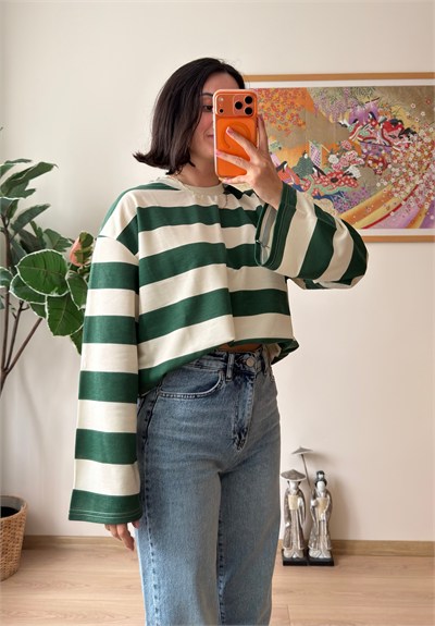 Kalın Çizgili Oversize Sweatshirt Yeşil