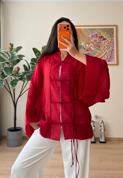 Kasumi Brit Düğmeli Kimono Kırmızı