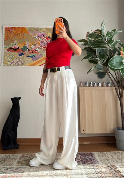Kemerli Diagonal Modal Pantolon Beyaz