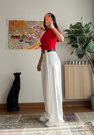 Kemerli Diagonal Modal Pantolon Beyaz