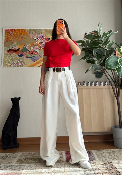 Kemerli Diagonal Modal Pantolon Beyaz